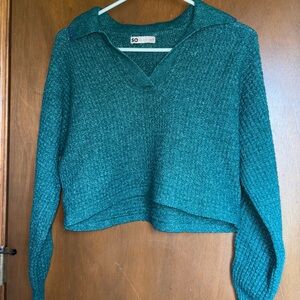 SO Collared Chenille Sweater XS Teal Green Cropped Pullover